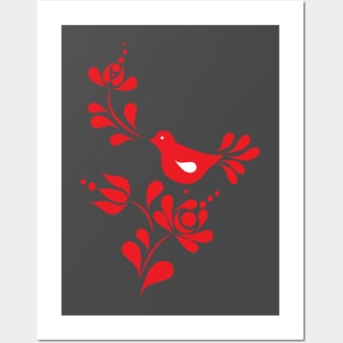 Spring bird and flower in red illustration Posters and Art